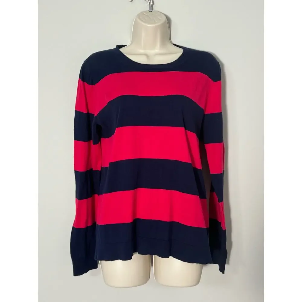 NWOT J.Crew Teddie Cotton Navy and Pink‎ Striped Sweater Size L